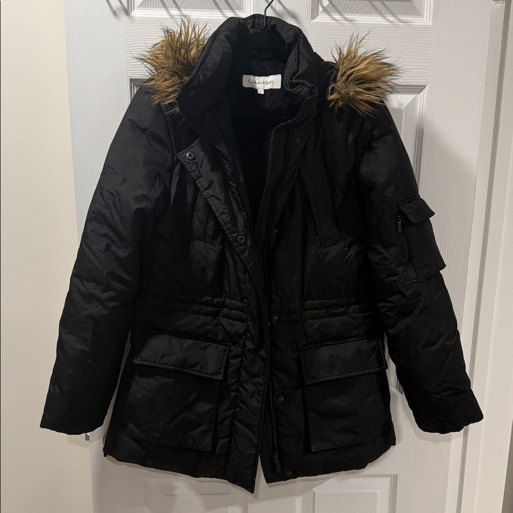 Calvin Klein Black Puffer Jacket with Faux Fur Trim